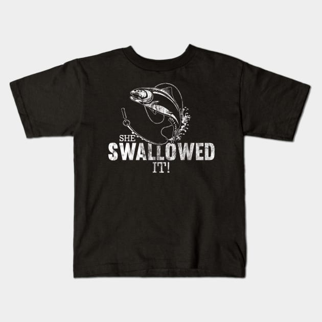 She Swallowed It - funny fishing design Kids T-Shirt by joshp214